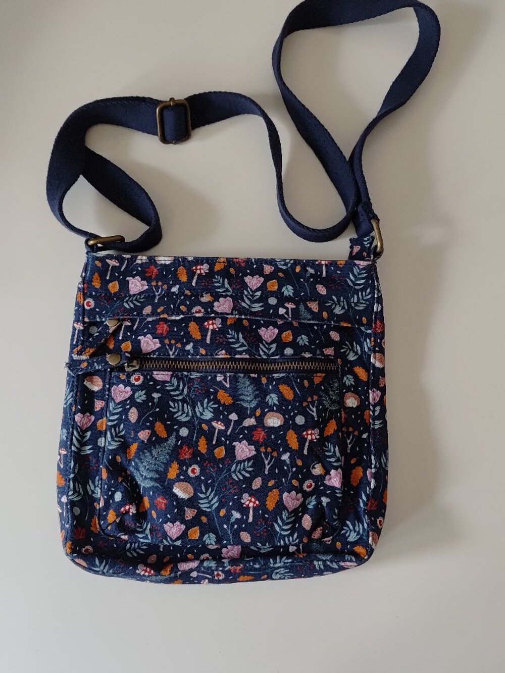Fat Face Navy Blue Floral Canvas Crossbody Bag With Fall Themed Prints